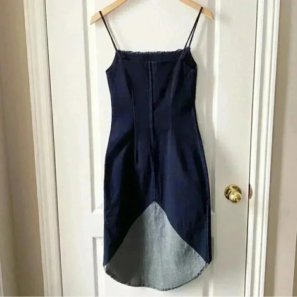 Le Chateau Dark Blue Denim Slip Dress Bodycon Stretch High Low Size Small - Picture 5 of 16